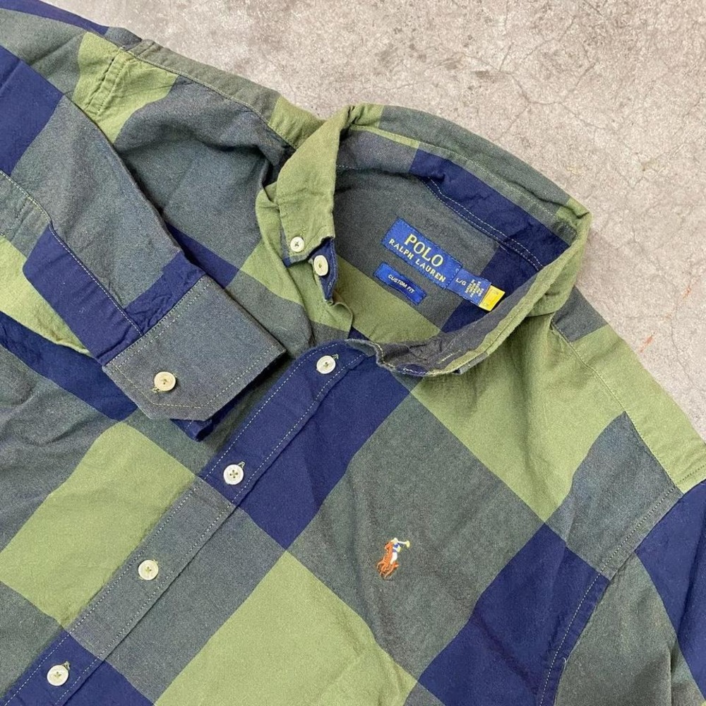Polo Ralph Lauren Oxford Custom Fit Plaid‎ Button Up Shirt Green Blue Size L